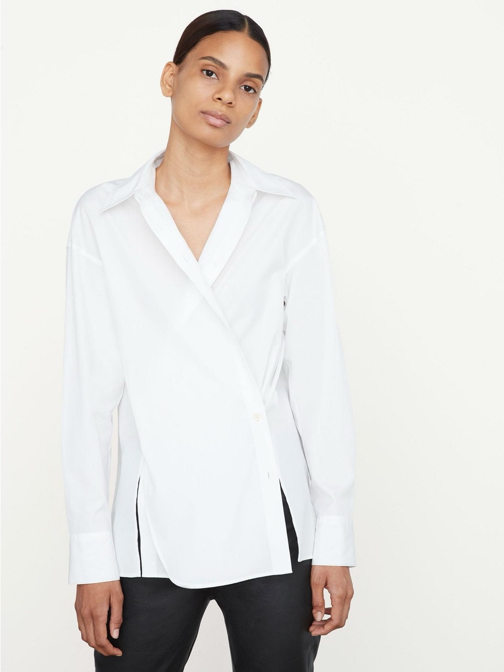 Vince Convertible Button Down Shirt White Japanese Cotton Poplin Wrap Top Size L